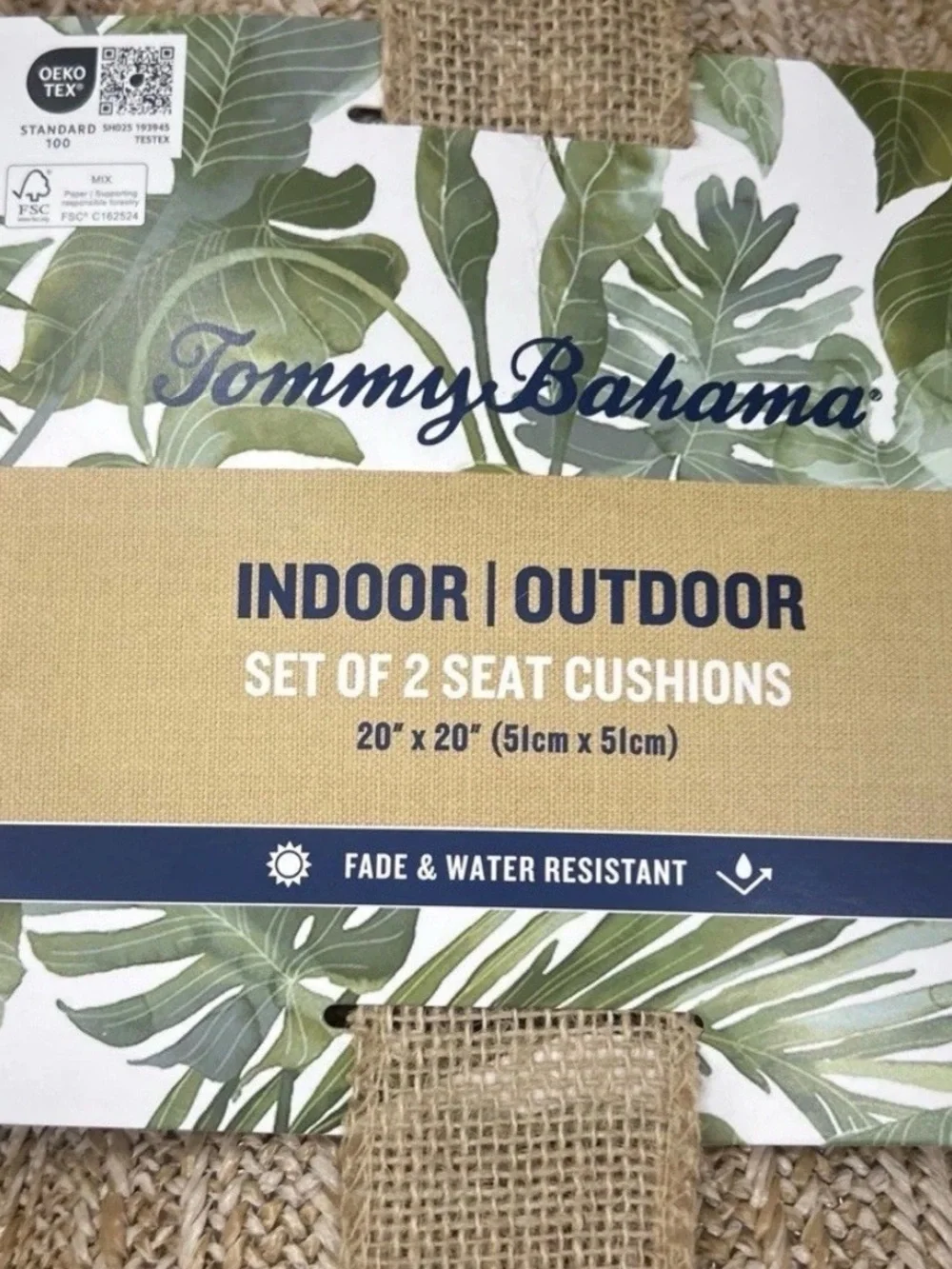 NEW x2 Tommy Bahama Seat Cushion Set Tan Woven Faux Straw Raffia Indoor Outdoor